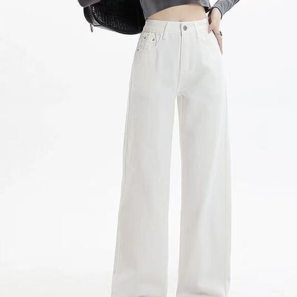 New women white Jeans Straight High Waisted Wide Leg Demin Pants - Picture 6 of 7